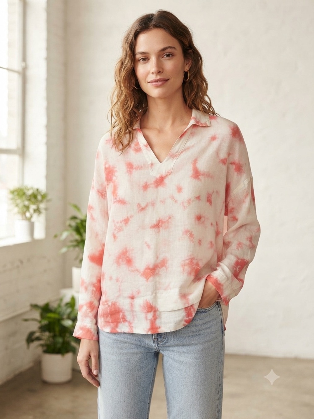 Rachel Zoe Coral Tie-Dye V-Neck Long Sleeve linen Top